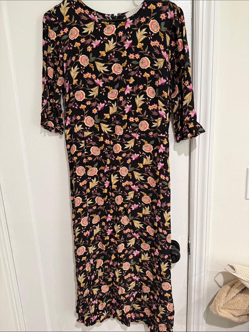 LOFT Black Maxi Dress with Pink and Cream Floral Print